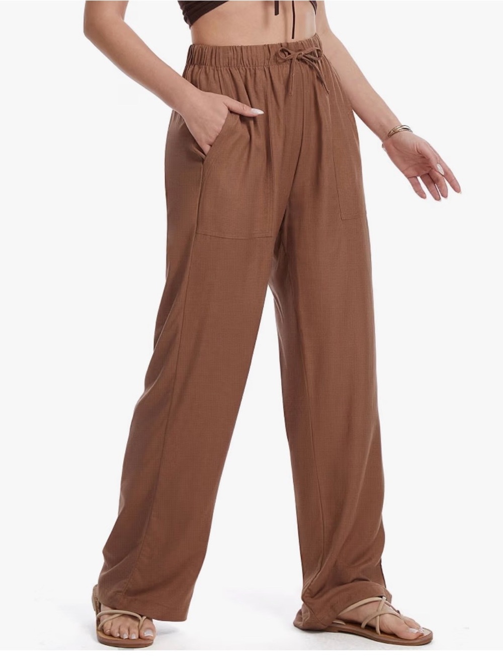 Wide-Leg Drawstring Pants - Brown - Picture 2 of 4
